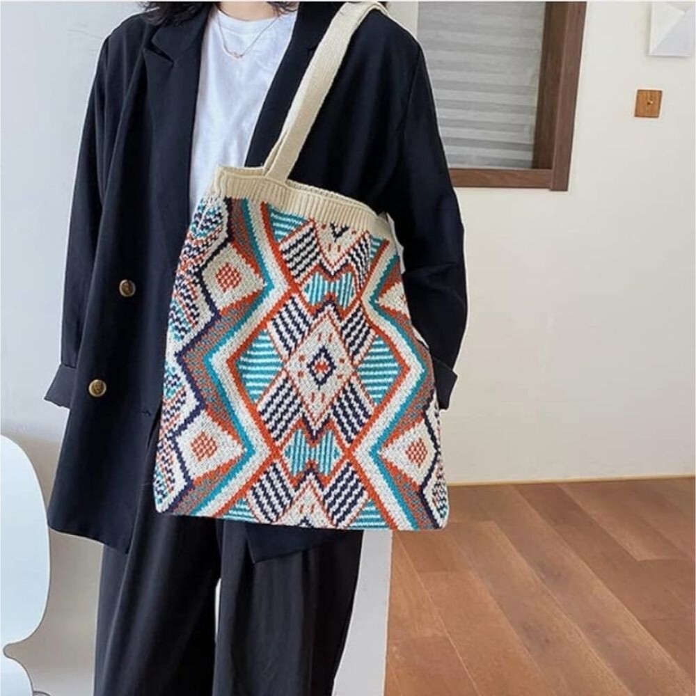 Bohemian knit tribal handbag Tote Bag turquoise coral cream - Picture 1 of 7